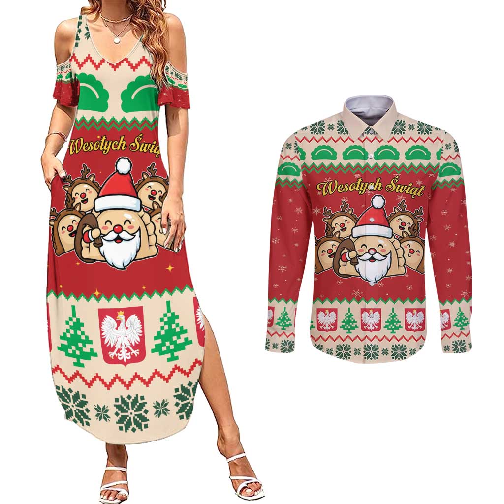 Poland Christmas Couples Matching Summer Maxi Dress and Long Sleeve Button Shirt Pierogi Mascot Santa Claus Wesołych Swiat - Wonder Print Shop