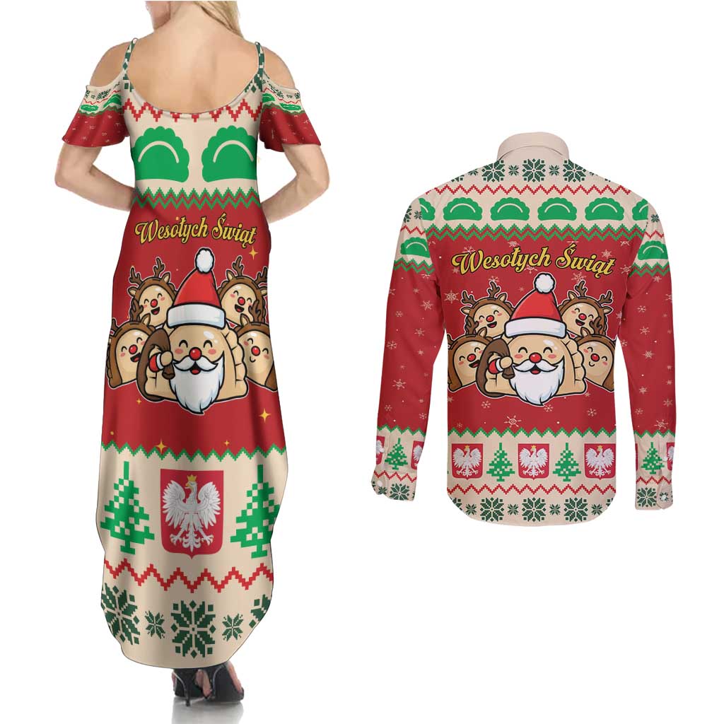 Poland Christmas Couples Matching Summer Maxi Dress and Long Sleeve Button Shirt Pierogi Mascot Santa Claus Wesołych Swiat - Wonder Print Shop