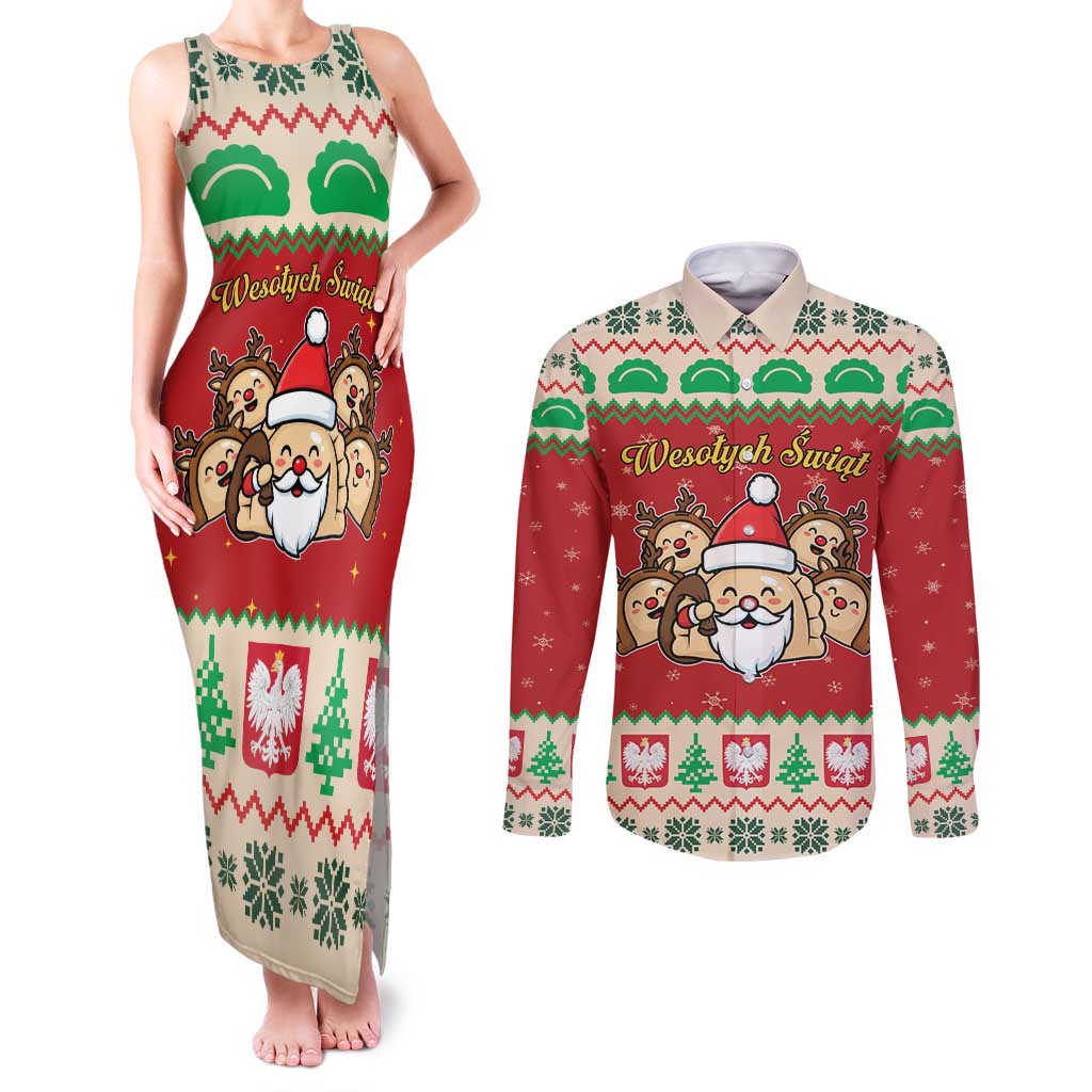 Poland Christmas Couples Matching Tank Maxi Dress and Long Sleeve Button Shirt Pierogi Mascot Santa Claus Wesołych Swiat - Wonder Print Shop