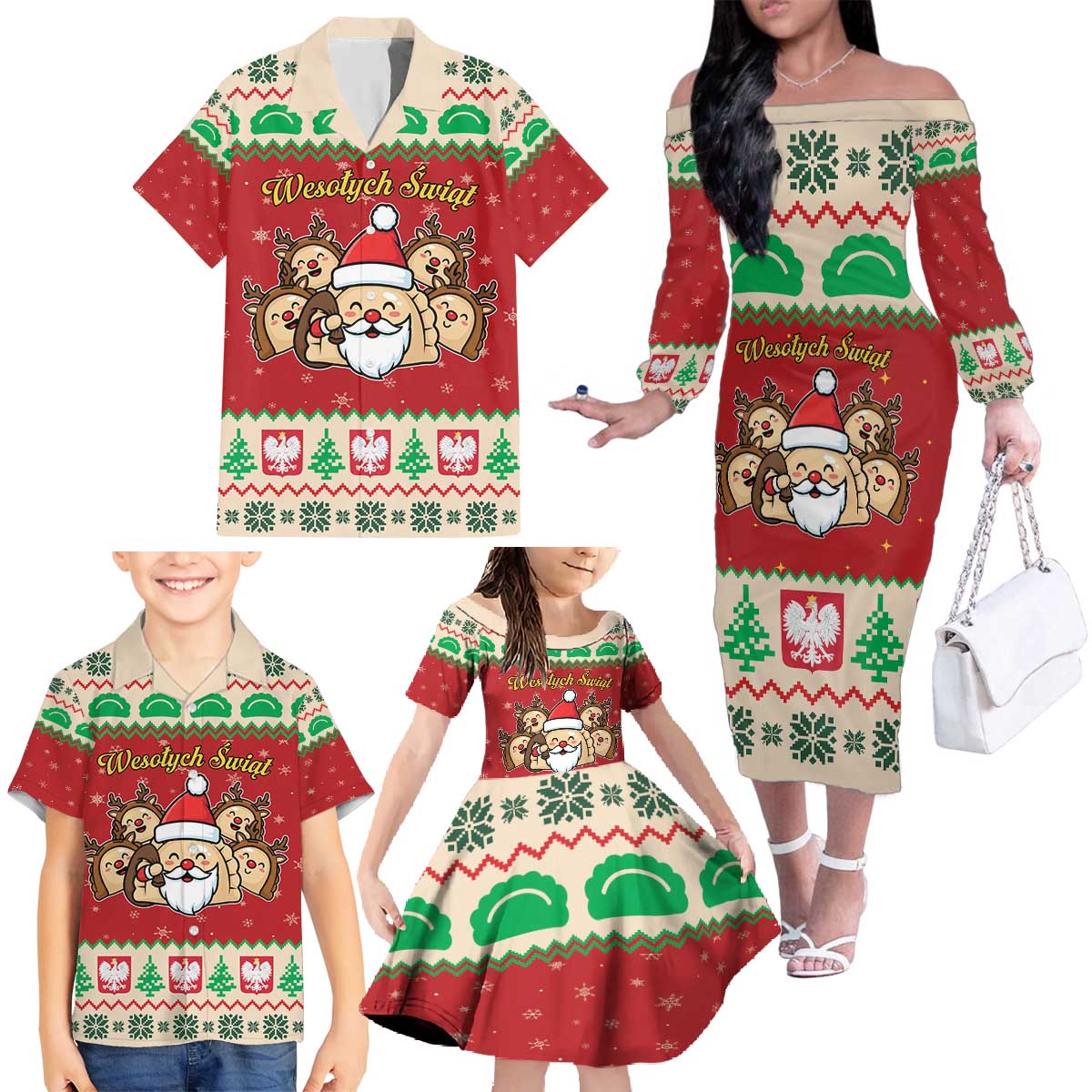Poland Christmas Family Matching Off The Shoulder Long Sleeve Dress and Hawaiian Shirt Pierogi Mascot Santa Claus Wesołych Swiat - Wonder Print Shop
