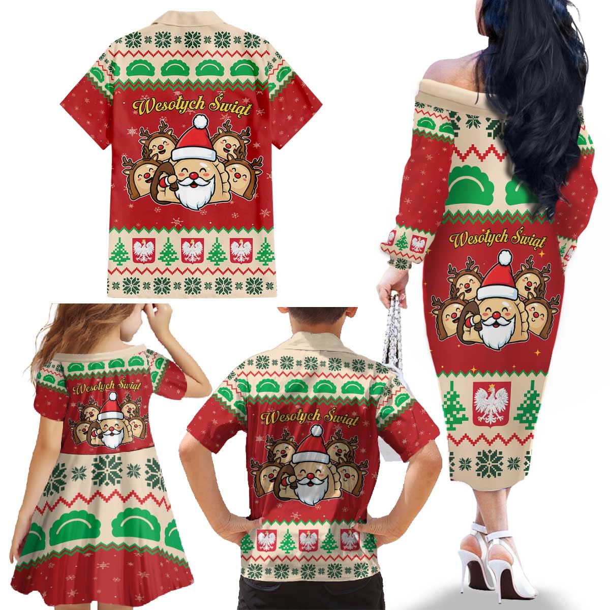 Poland Christmas Family Matching Off The Shoulder Long Sleeve Dress and Hawaiian Shirt Pierogi Mascot Santa Claus Wesołych Swiat - Wonder Print Shop