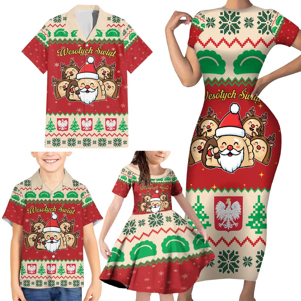 Poland Christmas Family Matching Short Sleeve Bodycon Dress and Hawaiian Shirt Pierogi Mascot Santa Claus Wesołych Swiat - Wonder Print Shop