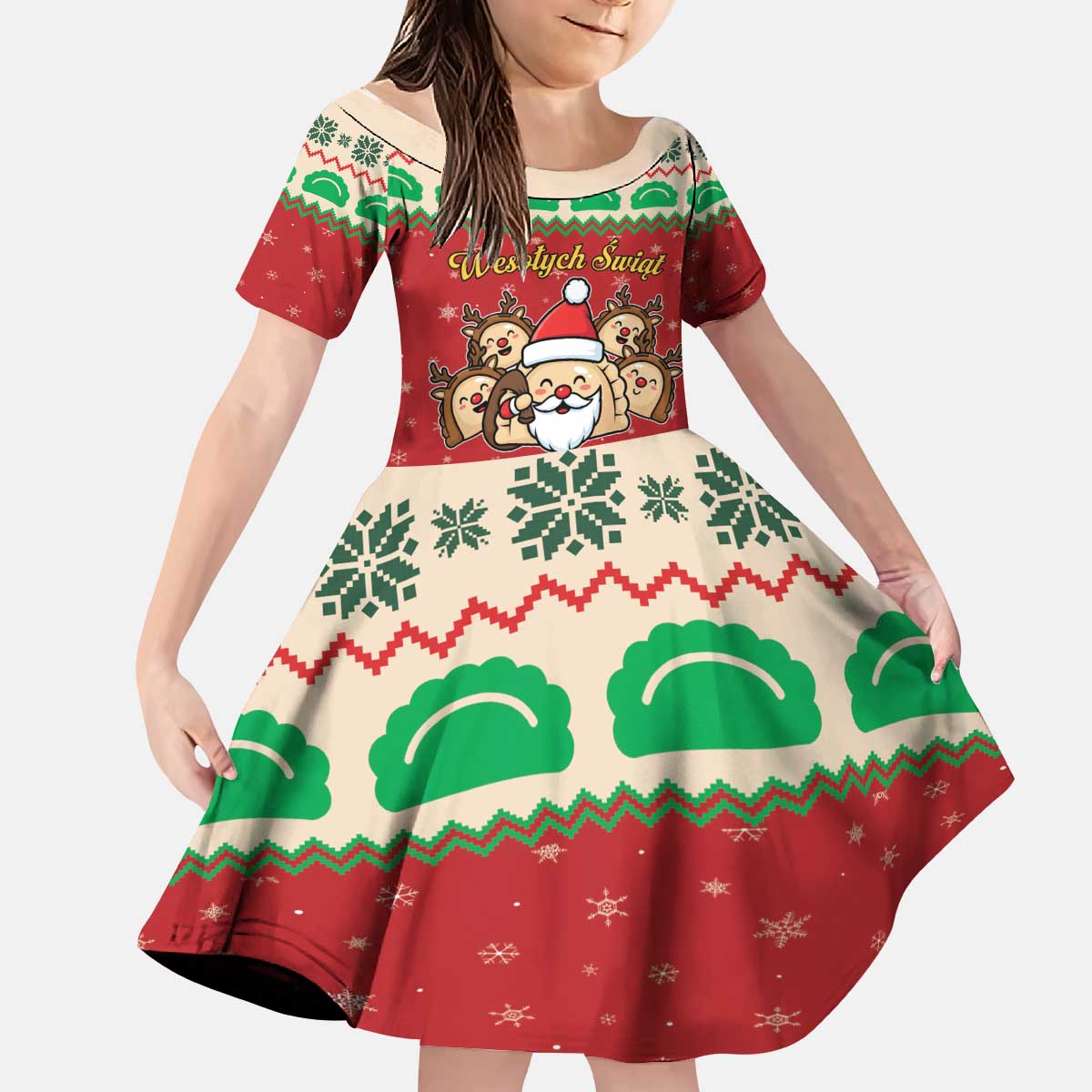 Poland Christmas Kid Short Sleeve Dress Pierogi Mascot Santa Claus Wesołych Swiat - Wonder Print Shop