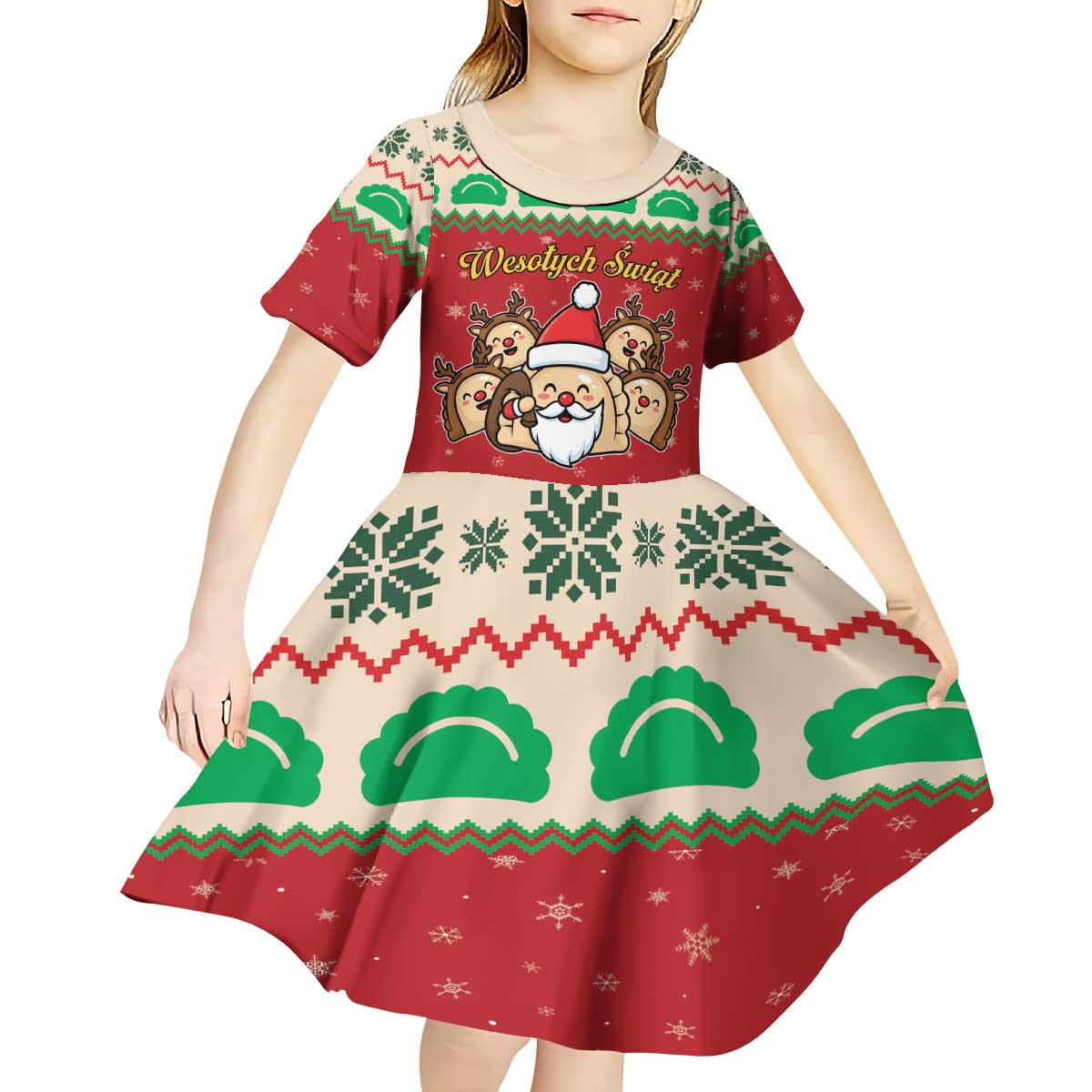 Poland Christmas Kid Short Sleeve Dress Pierogi Mascot Santa Claus Wesołych Swiat - Wonder Print Shop