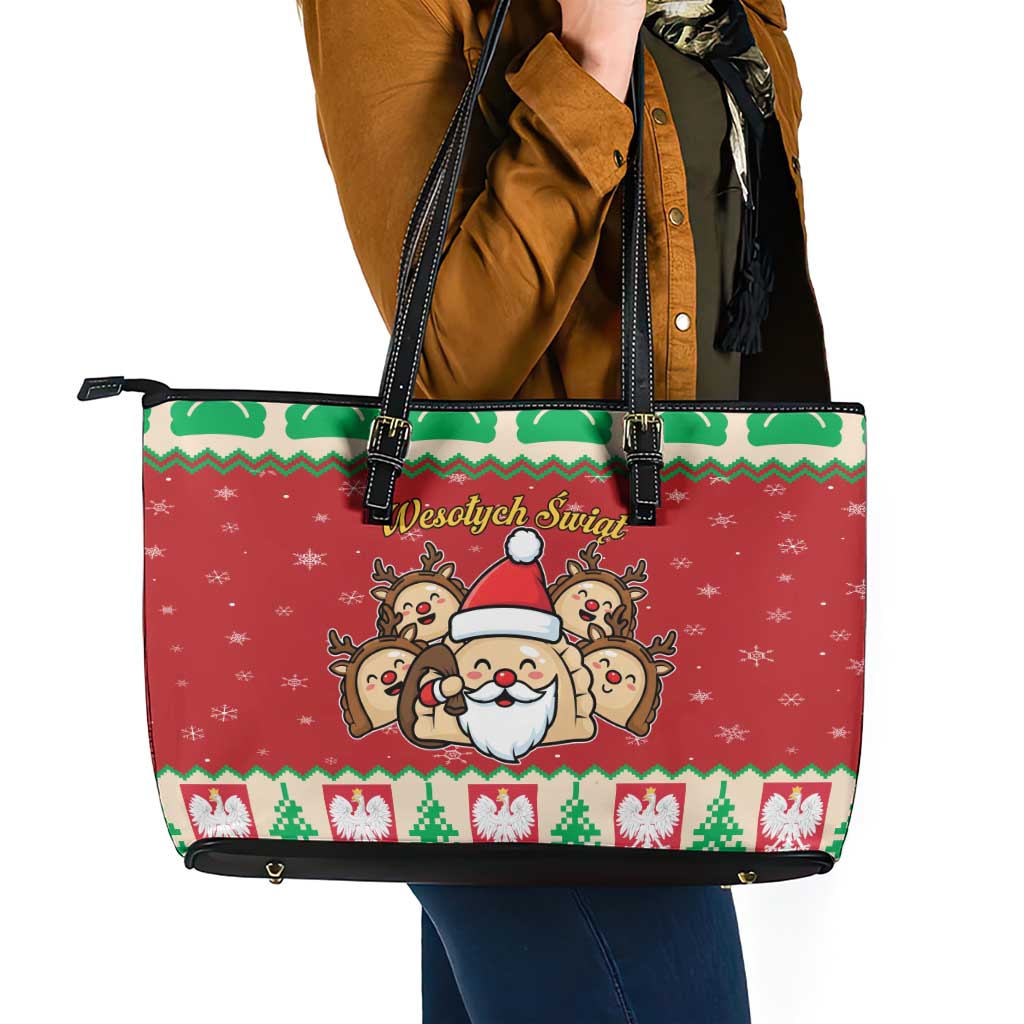 Poland Christmas Leather Tote Bag Pierogi Mascot Santa Claus Wesołych Swiat - Wonder Print Shop