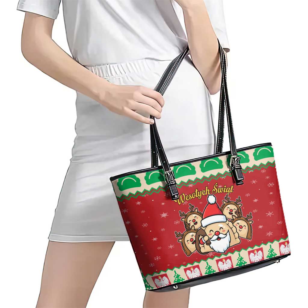 Poland Christmas Leather Tote Bag Pierogi Mascot Santa Claus Wesołych Swiat - Wonder Print Shop