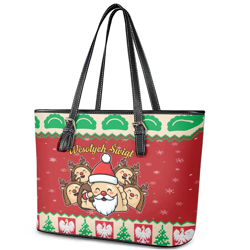 Poland Christmas Leather Tote Bag Pierogi Mascot Santa Claus Wesołych Swiat - Wonder Print Shop