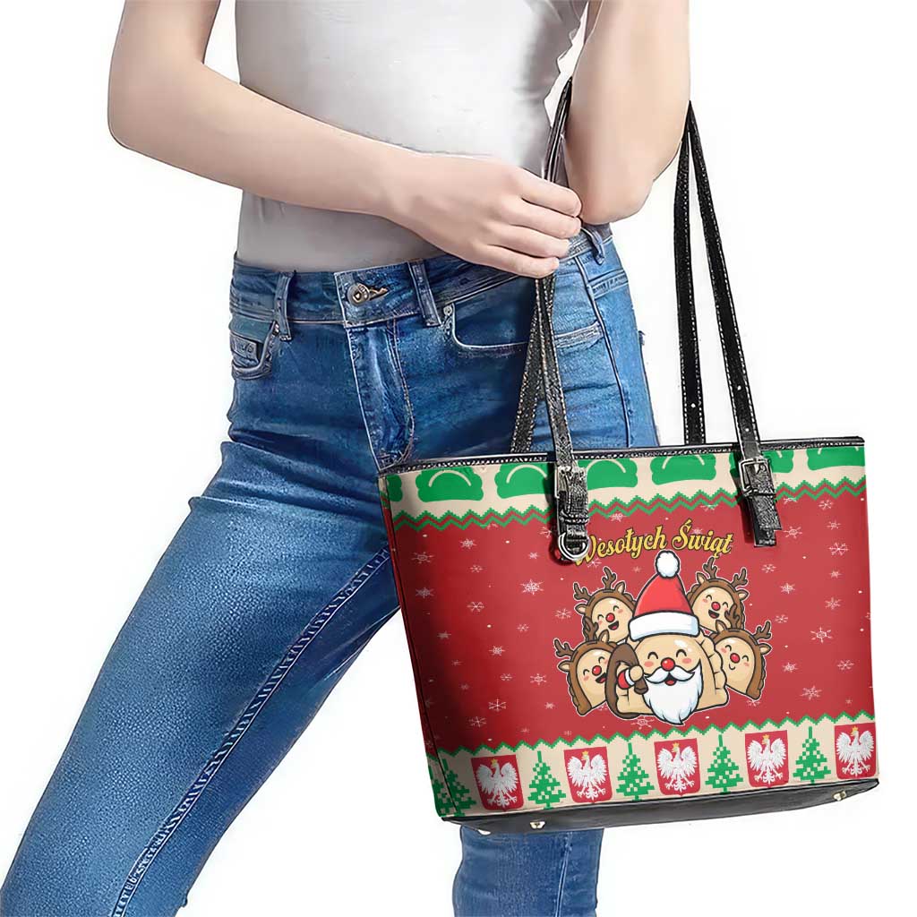 Poland Christmas Leather Tote Bag Pierogi Mascot Santa Claus Wesołych Swiat - Wonder Print Shop