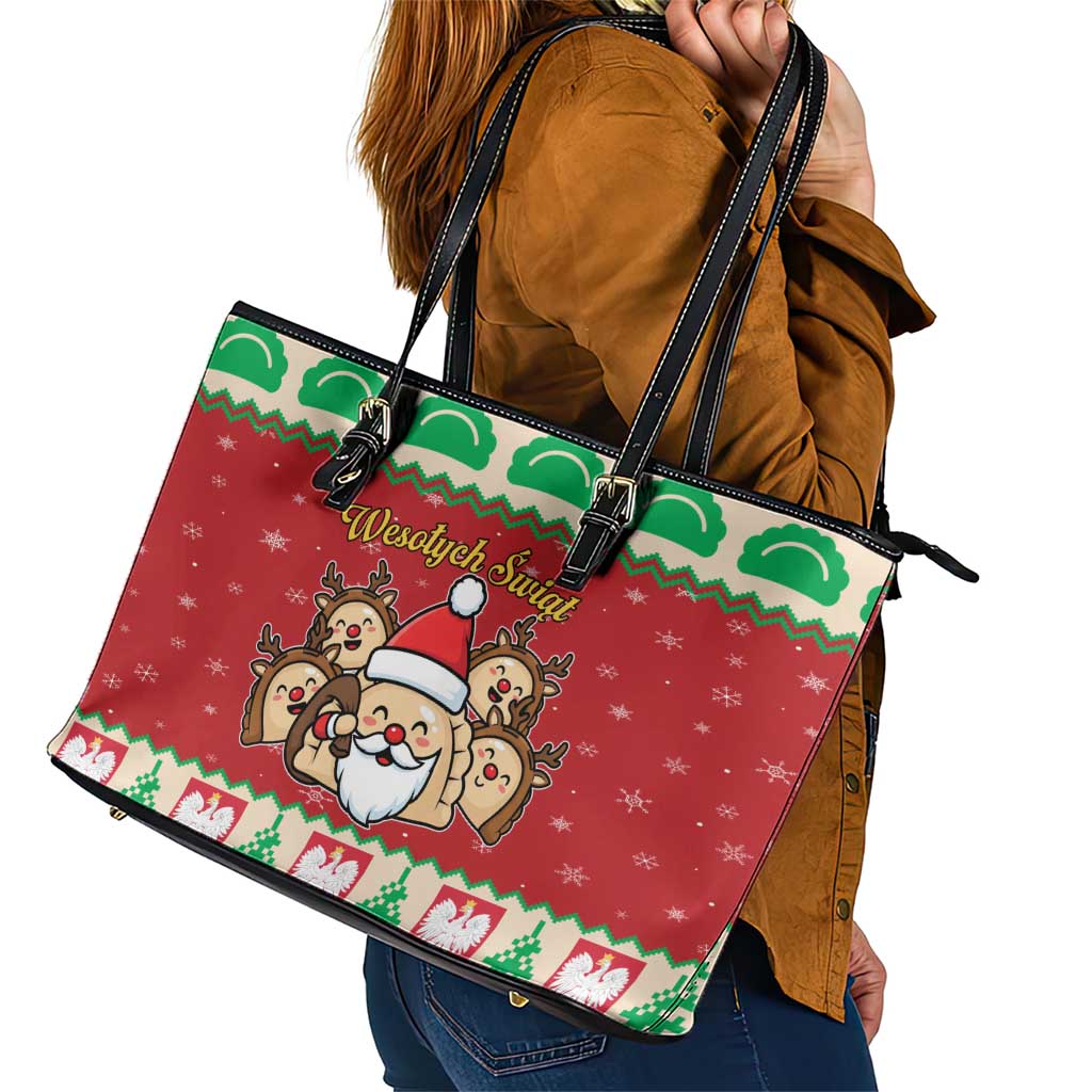 Poland Christmas Leather Tote Bag Pierogi Mascot Santa Claus Wesołych Swiat - Wonder Print Shop