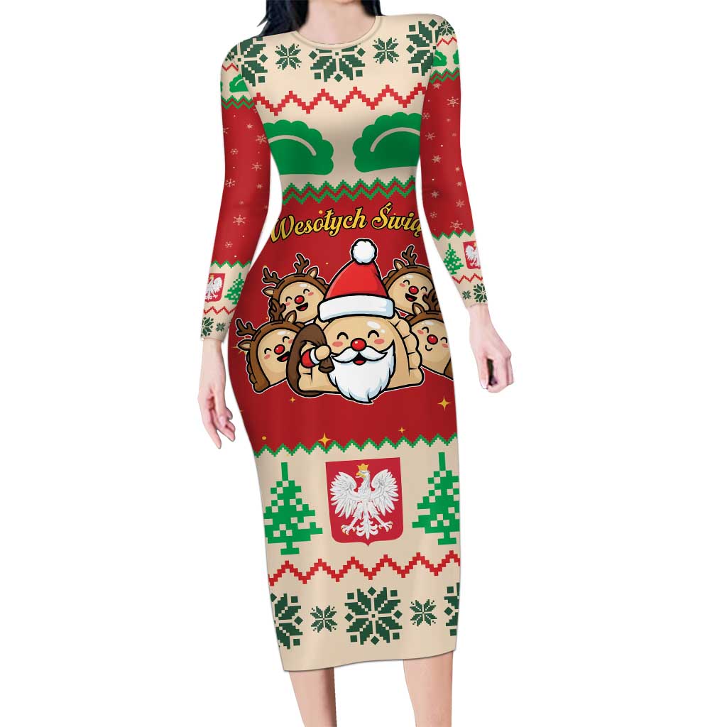 Poland Christmas Long Sleeve Bodycon Dress Pierogi Mascot Santa Claus Wesołych Swiat - Wonder Print Shop