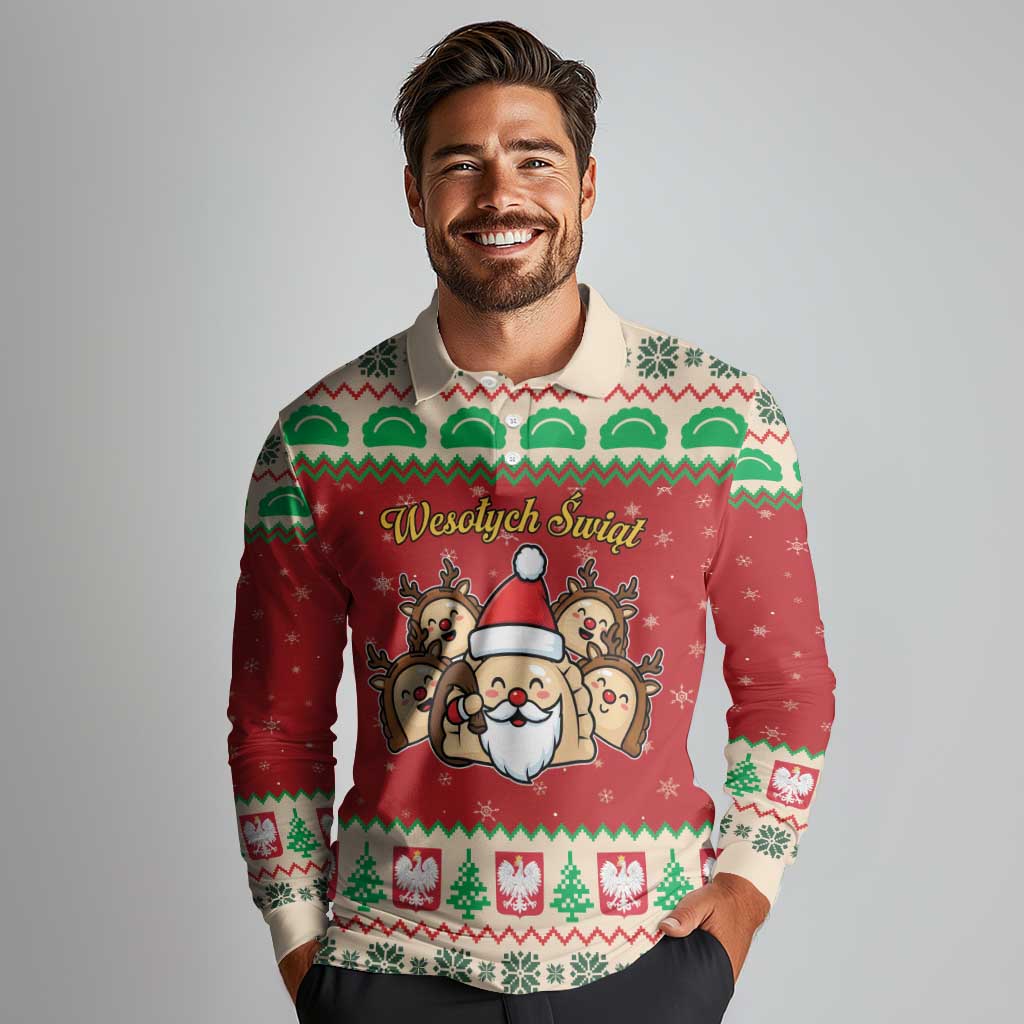 Poland Christmas Long Sleeve Polo Shirt Pierogi Mascot Santa Claus Wesołych Swiat - Wonder Print Shop