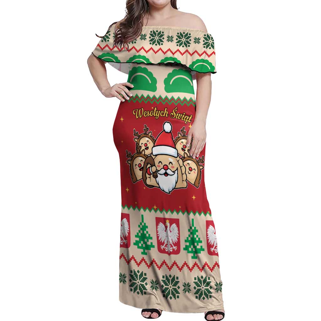 Poland Christmas Off Shoulder Maxi Dress Pierogi Mascot Santa Claus Wesołych Swiat - Wonder Print Shop