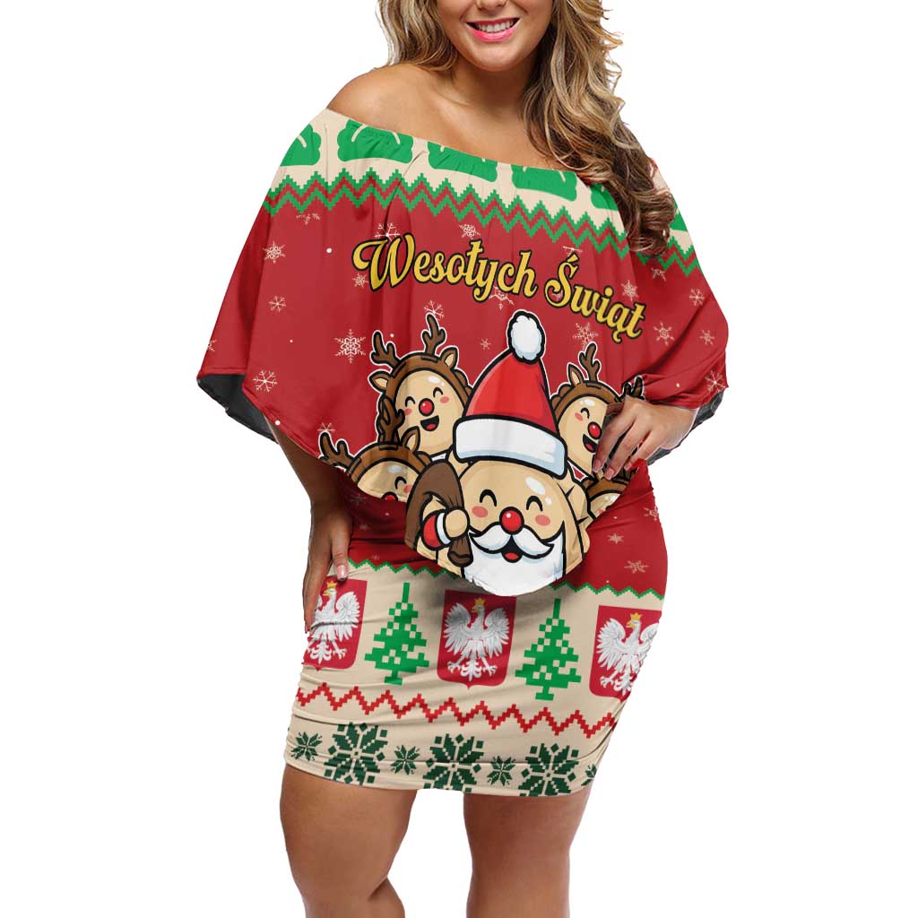 Poland Christmas Off Shoulder Short Dress Pierogi Mascot Santa Claus Wesołych Swiat - Wonder Print Shop