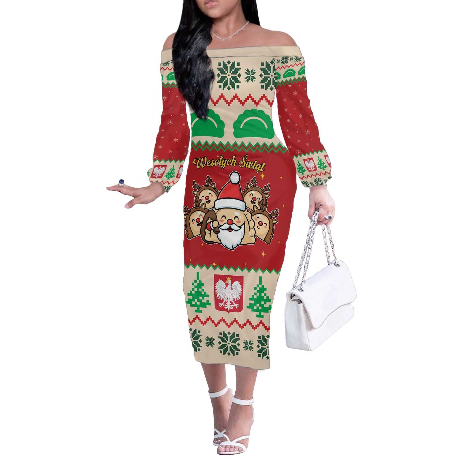 Poland Christmas Off The Shoulder Long Sleeve Dress Pierogi Mascot Santa Claus Wesołych Swiat - Wonder Print Shop