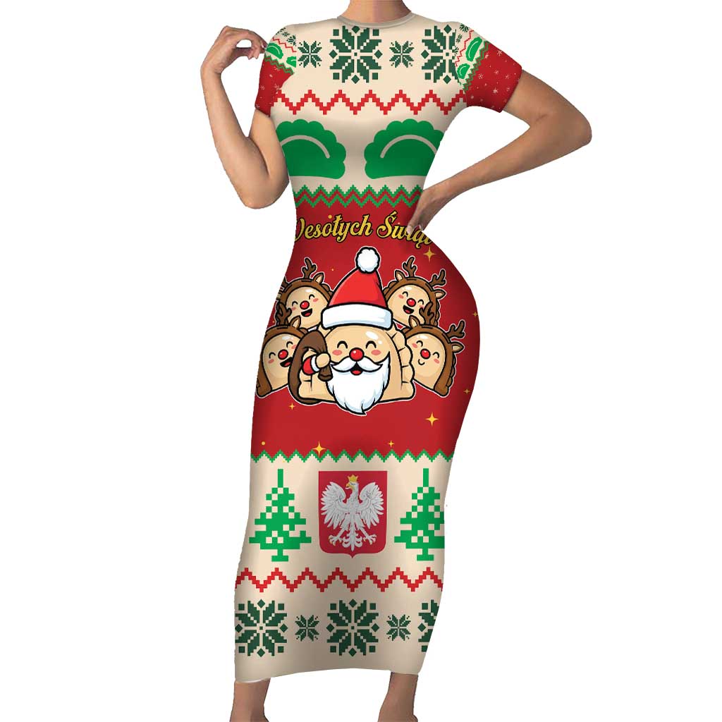 Poland Christmas Short Sleeve Bodycon Dress Pierogi Mascot Santa Claus Wesołych Swiat - Wonder Print Shop