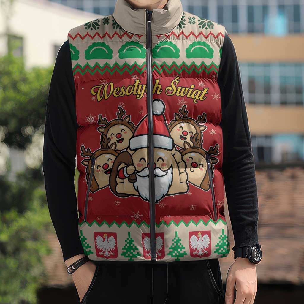 Poland Christmas Sleeveless Puffer Jacket Pierogi Mascot Santa Claus Wesołych Swiat - Wonder Print Shop