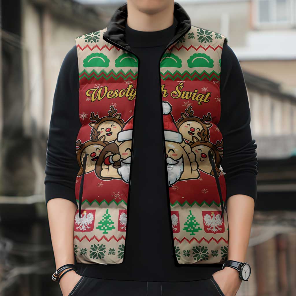 Poland Christmas Sleeveless Puffer Jacket Pierogi Mascot Santa Claus Wesołych Swiat - Wonder Print Shop