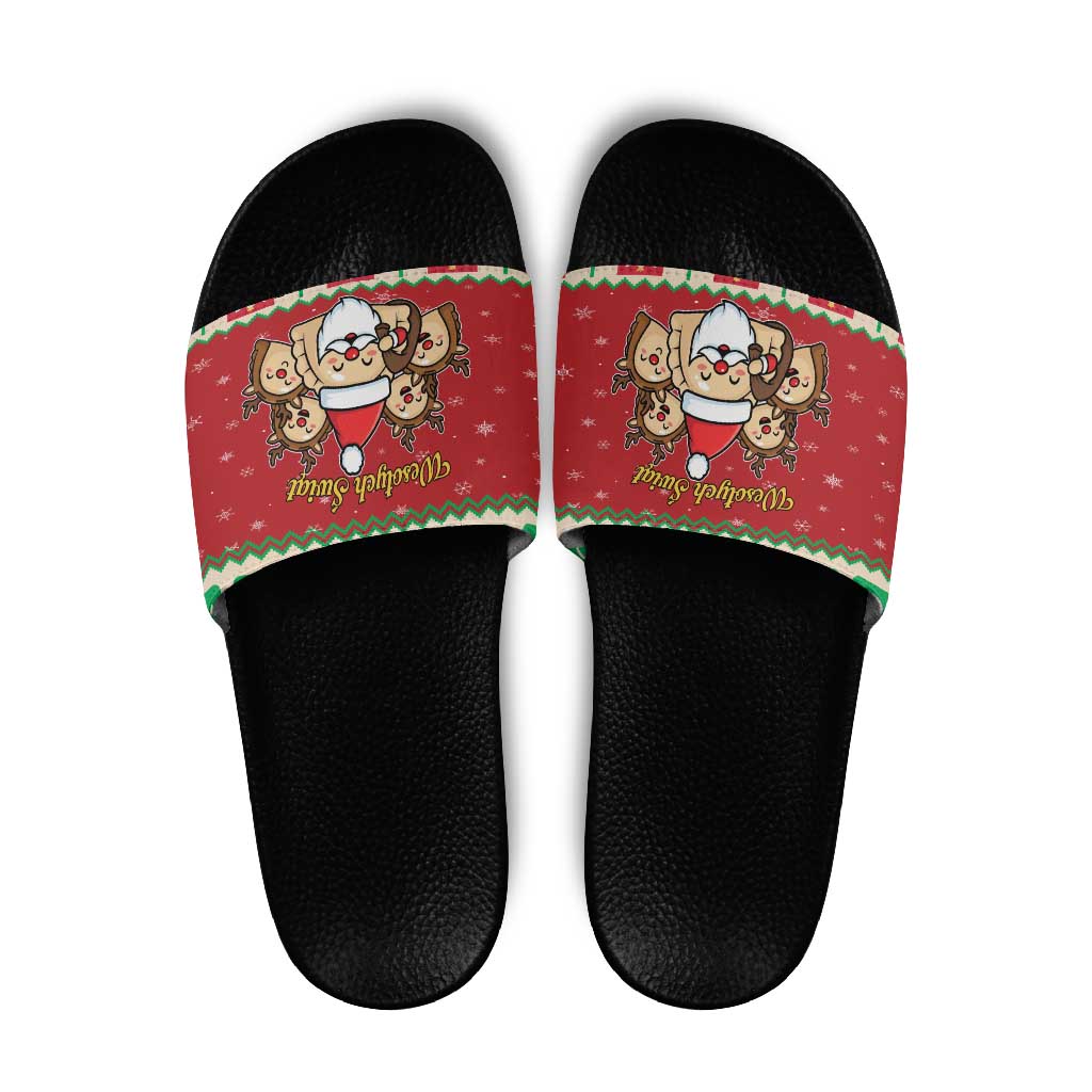 Poland Christmas Slide Sandals Pierogi Mascot Santa Claus Wesołych Swiat - Wonder Print Shop