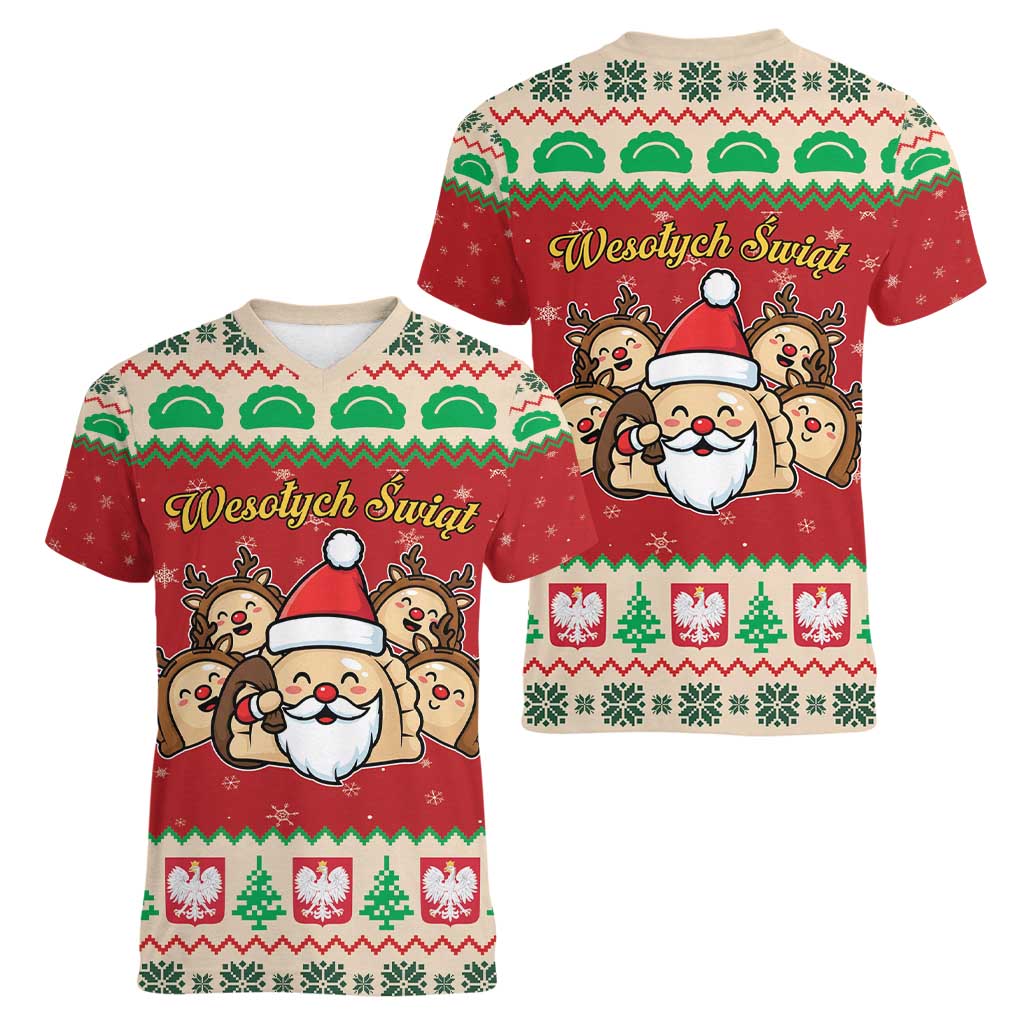 Poland Christmas Women V-Neck T-Shirt Pierogi Mascot Santa Claus Wesołych Swiat - Wonder Print Shop