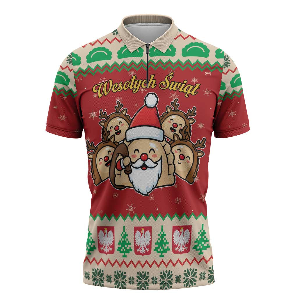 Poland Christmas Zipper Polo Shirt Pierogi Mascot Santa Claus Wesołych Swiat - Wonder Print Shop