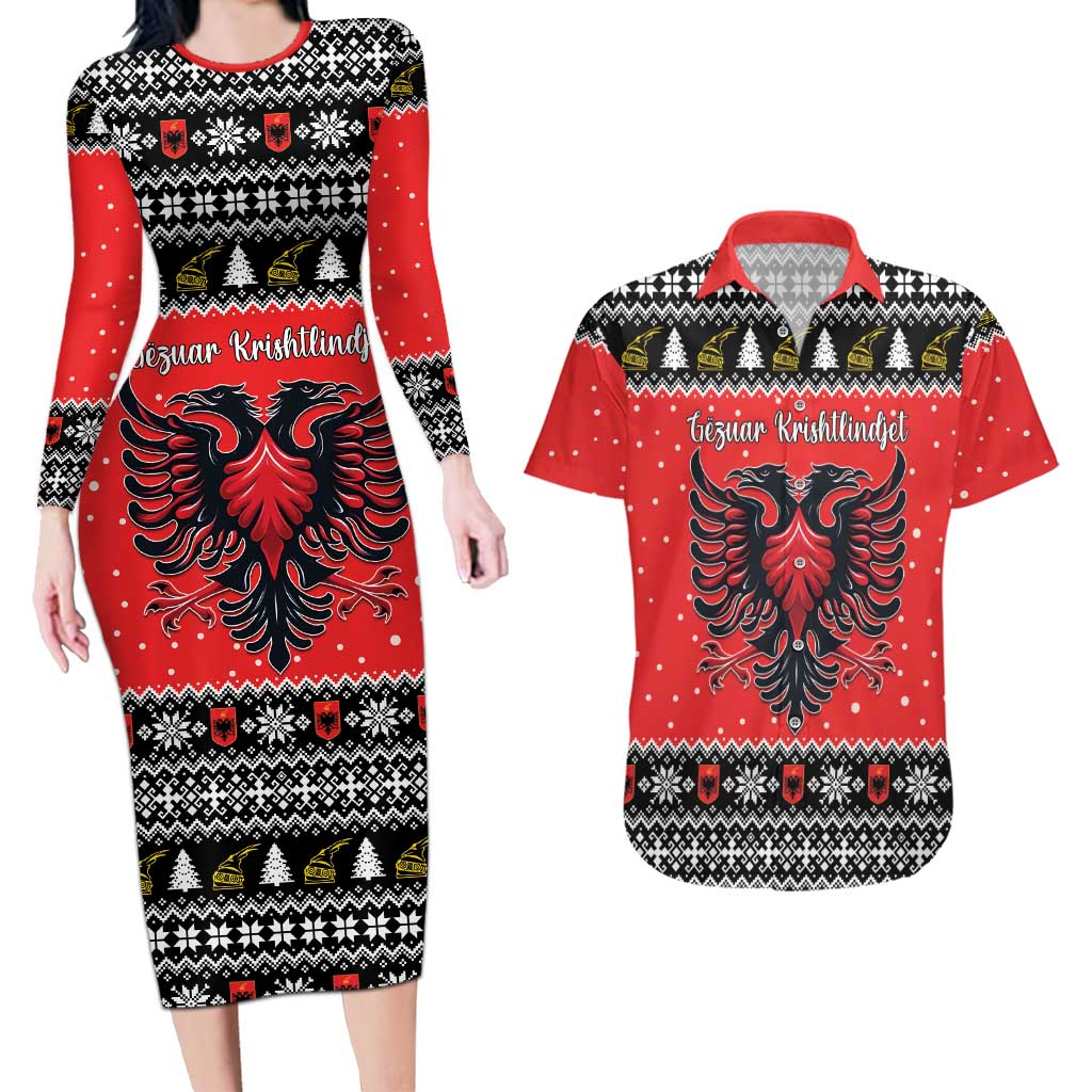 Personalized Albania Christmas Eagle Couples Matching Long Sleeve Bodycon Dress and Hawaiian Shirt The Double-headed Eagle - Wonder Print Shop
