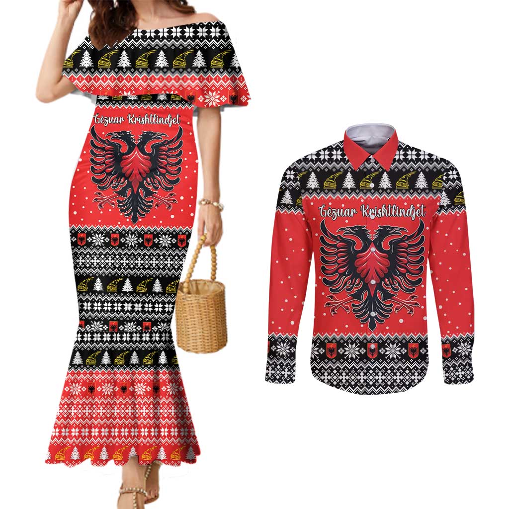 Personalized Albania Christmas Eagle Couples Matching Mermaid Dress and Long Sleeve Button Shirt The Double-headed Eagle - Wonder Print Shop