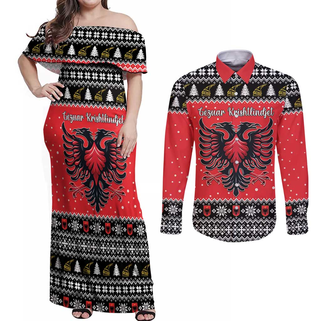 Personalized Albania Christmas Eagle Couples Matching Off Shoulder Maxi Dress and Long Sleeve Button Shirt The Double-headed Eagle - Wonder Print Shop