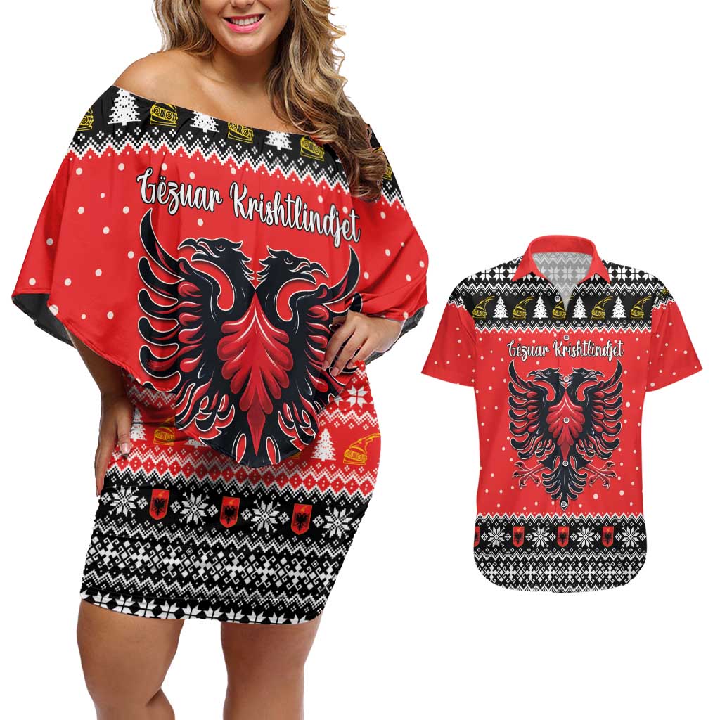 Personalized Albania Christmas Eagle Couples Matching Off Shoulder Short Dress and Hawaiian Shirt The Double-headed Eagle - Wonder Print Shop