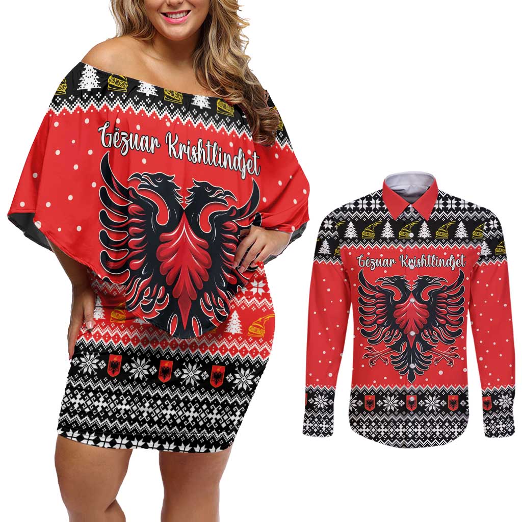 Personalized Albania Christmas Eagle Couples Matching Off Shoulder Short Dress and Long Sleeve Button Shirt The Double-headed Eagle - Wonder Print Shop
