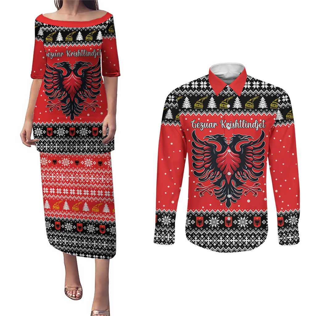 Personalized Albania Christmas Eagle Couples Matching Puletasi and Long Sleeve Button Shirt The Double-headed Eagle - Wonder Print Shop