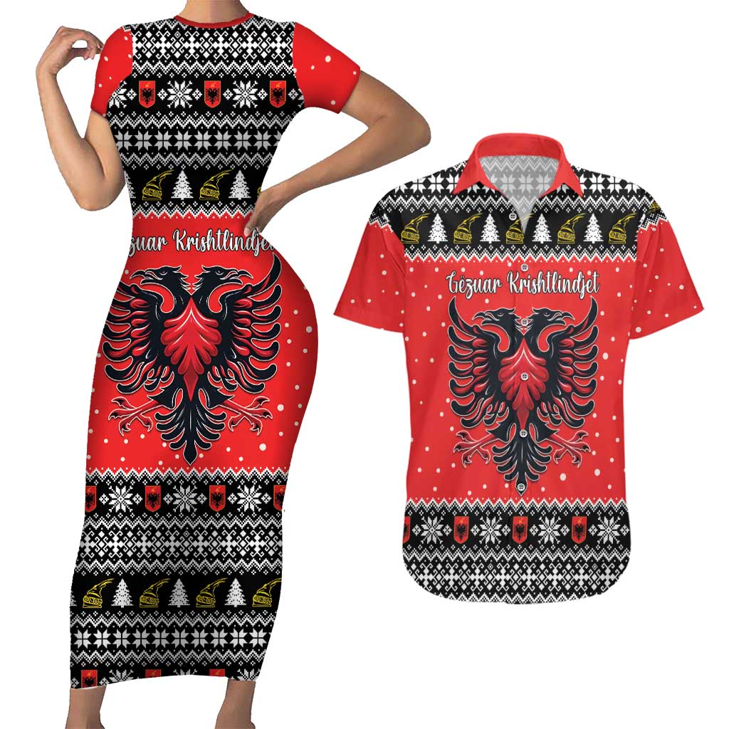 Personalized Albania Christmas Eagle Couples Matching Short Sleeve Bodycon Dress and Hawaiian Shirt The Double-headed Eagle - Wonder Print Shop
