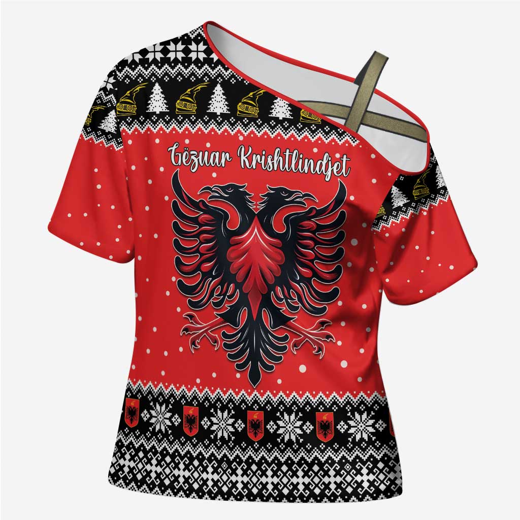 Personalized Albania Christmas Eagle Cross Shoulder Shirt The Double-headed Eagle - Wonder Print Shop
