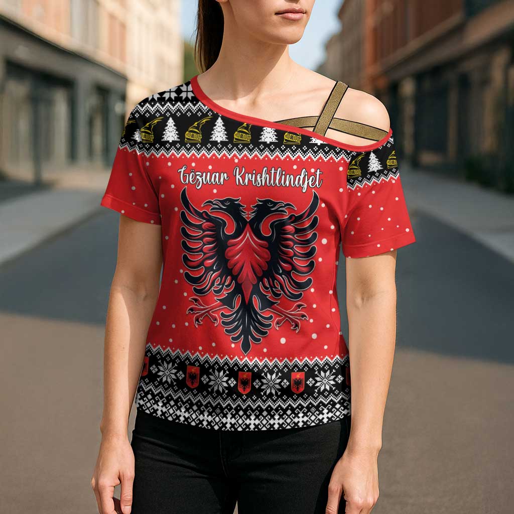 Personalized Albania Christmas Eagle Cross Shoulder Shirt The Double-headed Eagle - Wonder Print Shop