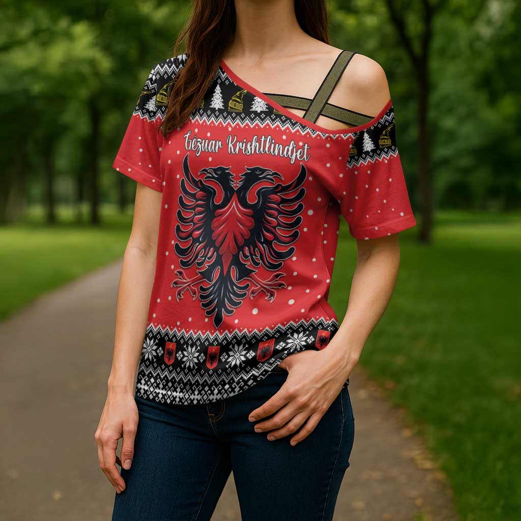 Personalized Albania Christmas Eagle Cross Shoulder Shirt The Double-headed Eagle - Wonder Print Shop