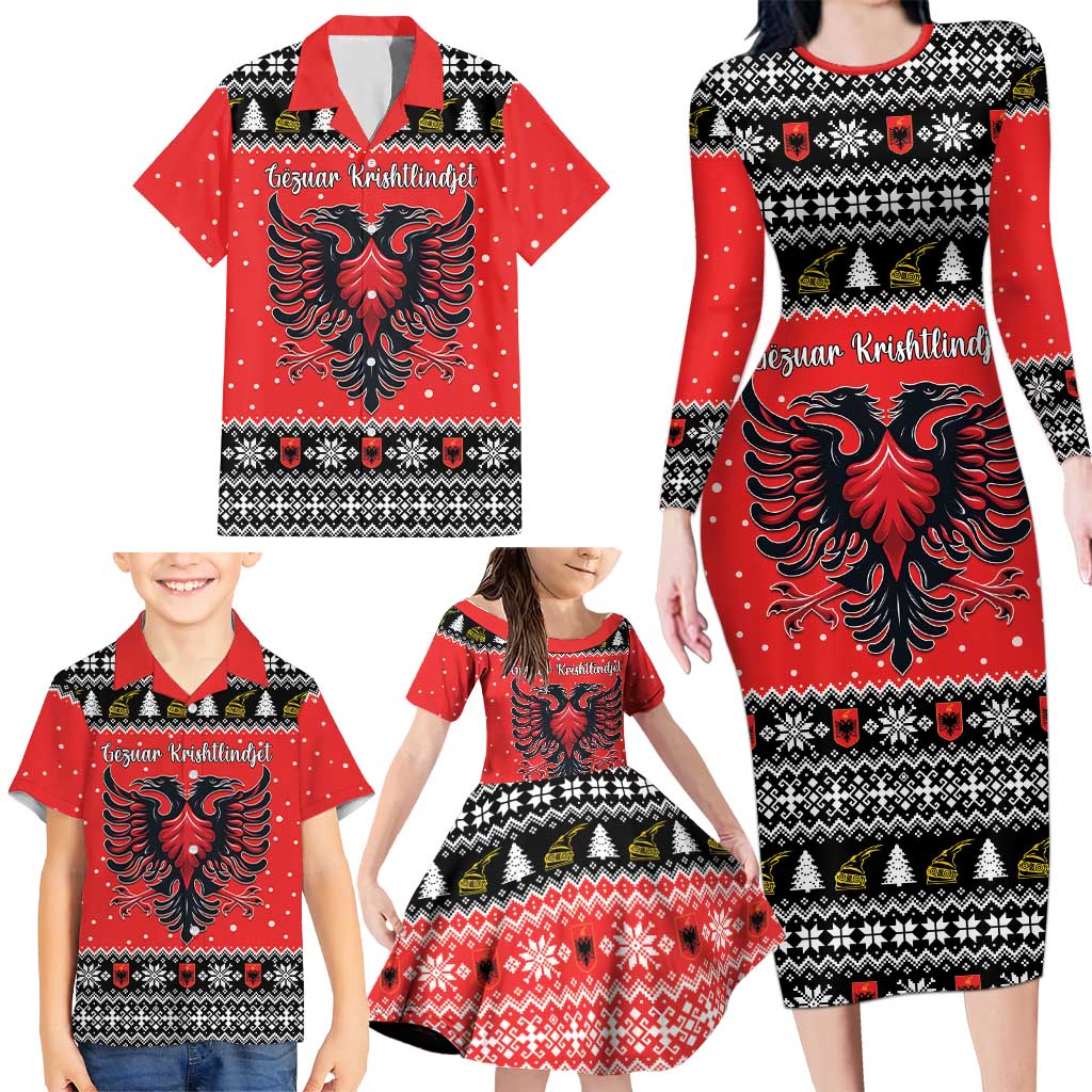 Personalized Albania Christmas Eagle Family Matching Long Sleeve Bodycon Dress and Hawaiian Shirt The Double-headed Eagle - Wonder Print Shop