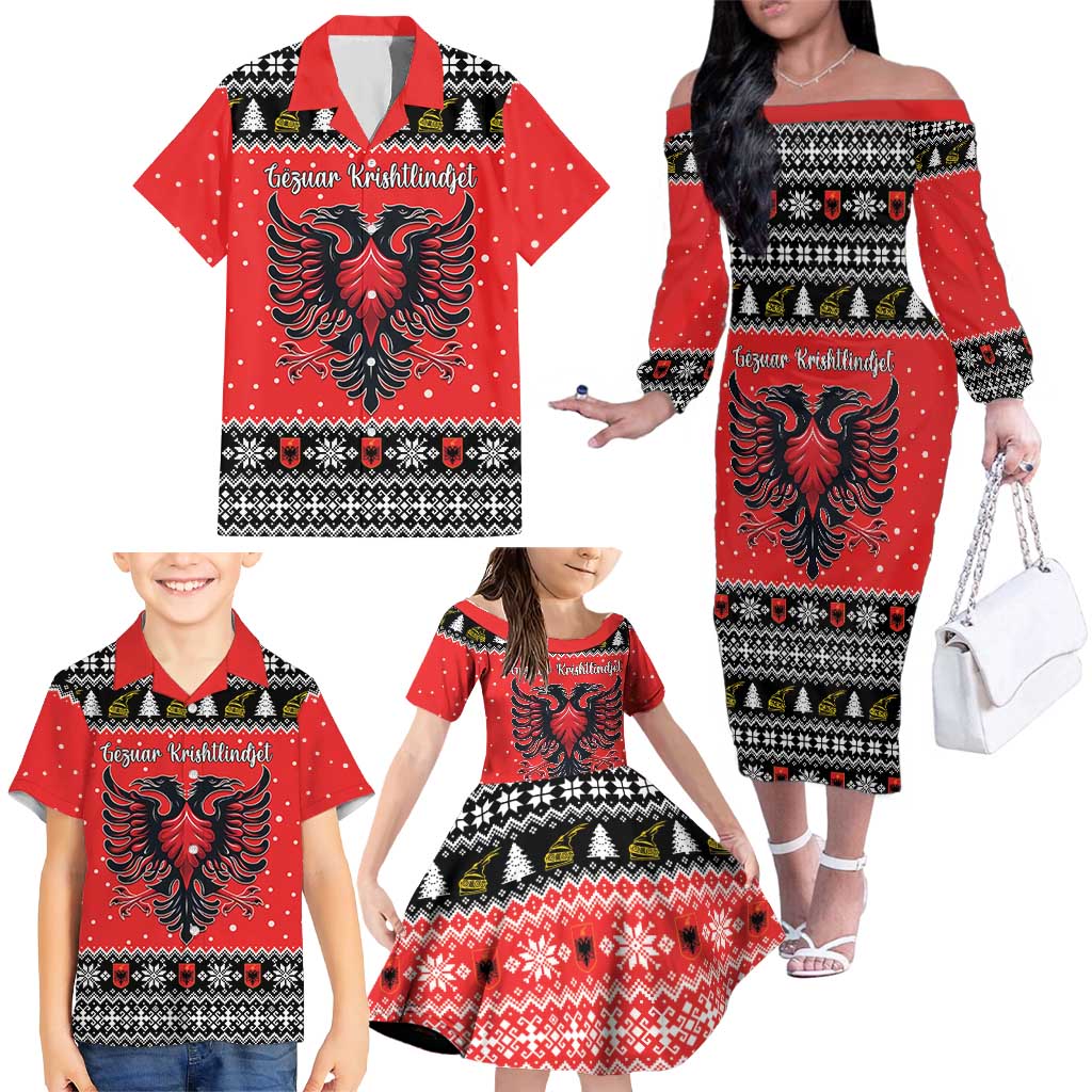 Personalized Albania Christmas Eagle Family Matching Off The Shoulder Long Sleeve Dress and Hawaiian Shirt The Double-headed Eagle - Wonder Print Shop