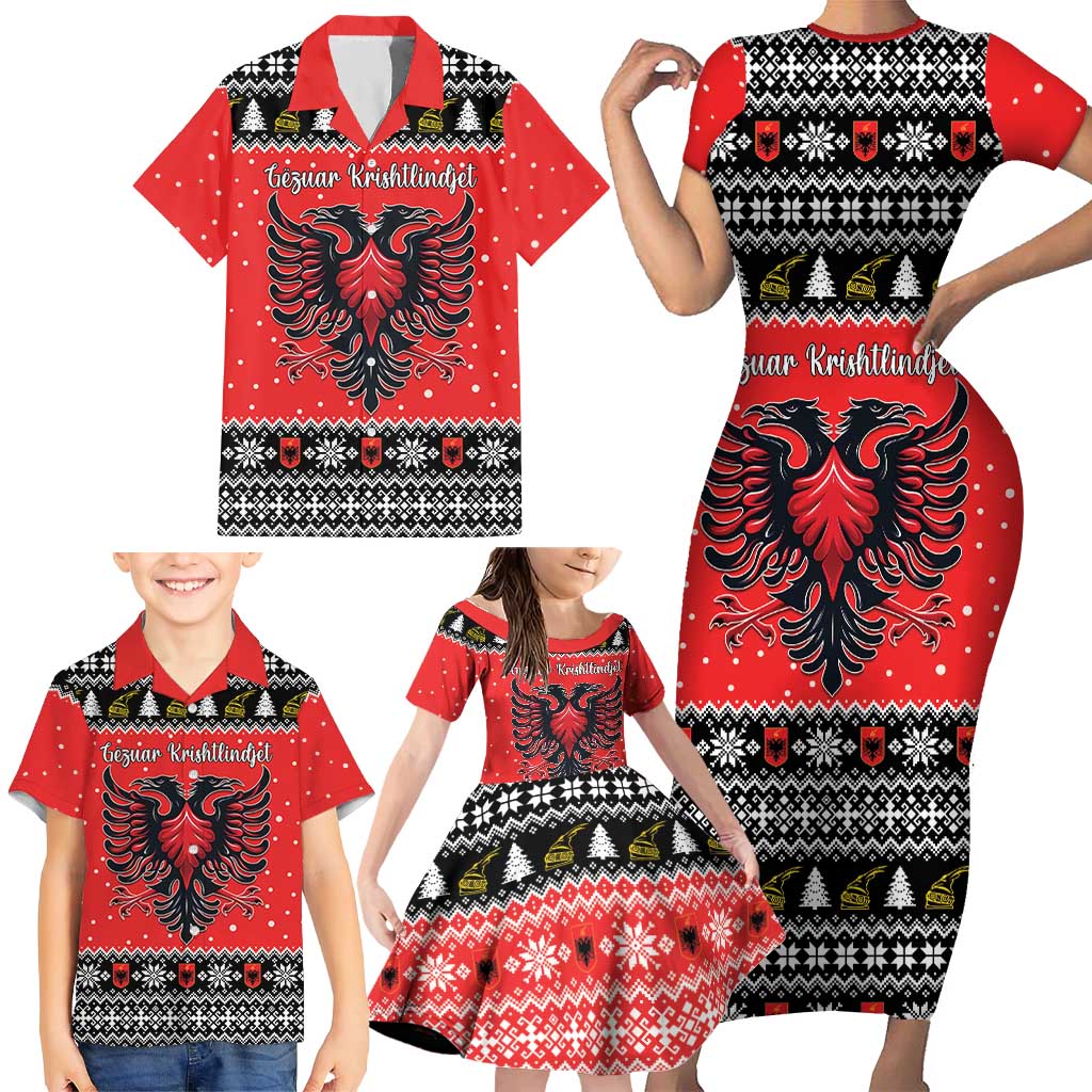 Personalized Albania Christmas Eagle Family Matching Short Sleeve Bodycon Dress and Hawaiian Shirt The Double-headed Eagle - Wonder Print Shop