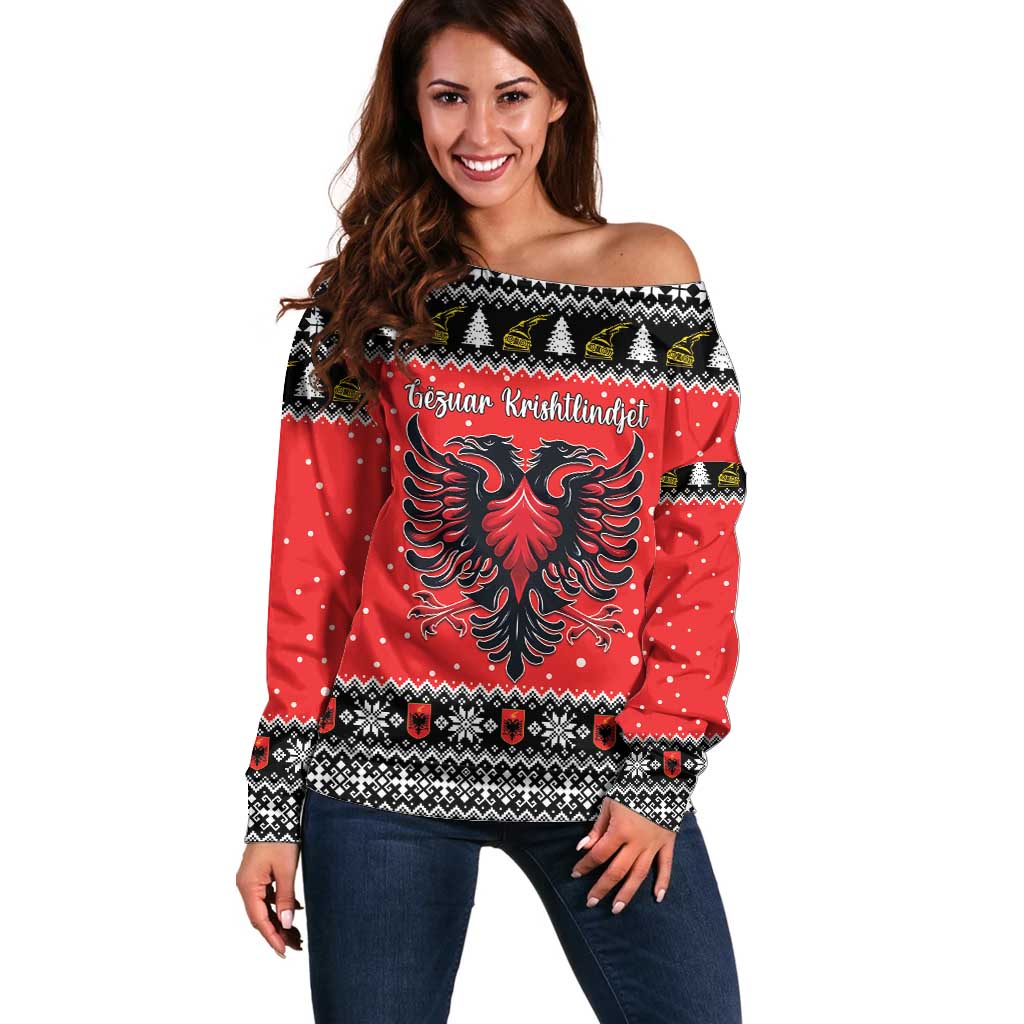 Personalized Albania Christmas Eagle Off Shoulder Sweater The Double-headed Eagle - Wonder Print Shop