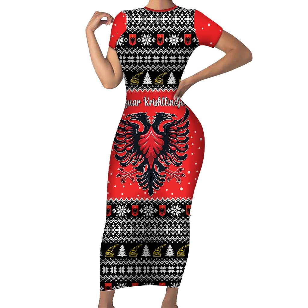 Personalized Albania Christmas Eagle Short Sleeve Bodycon Dress The Double-headed Eagle - Wonder Print Shop
