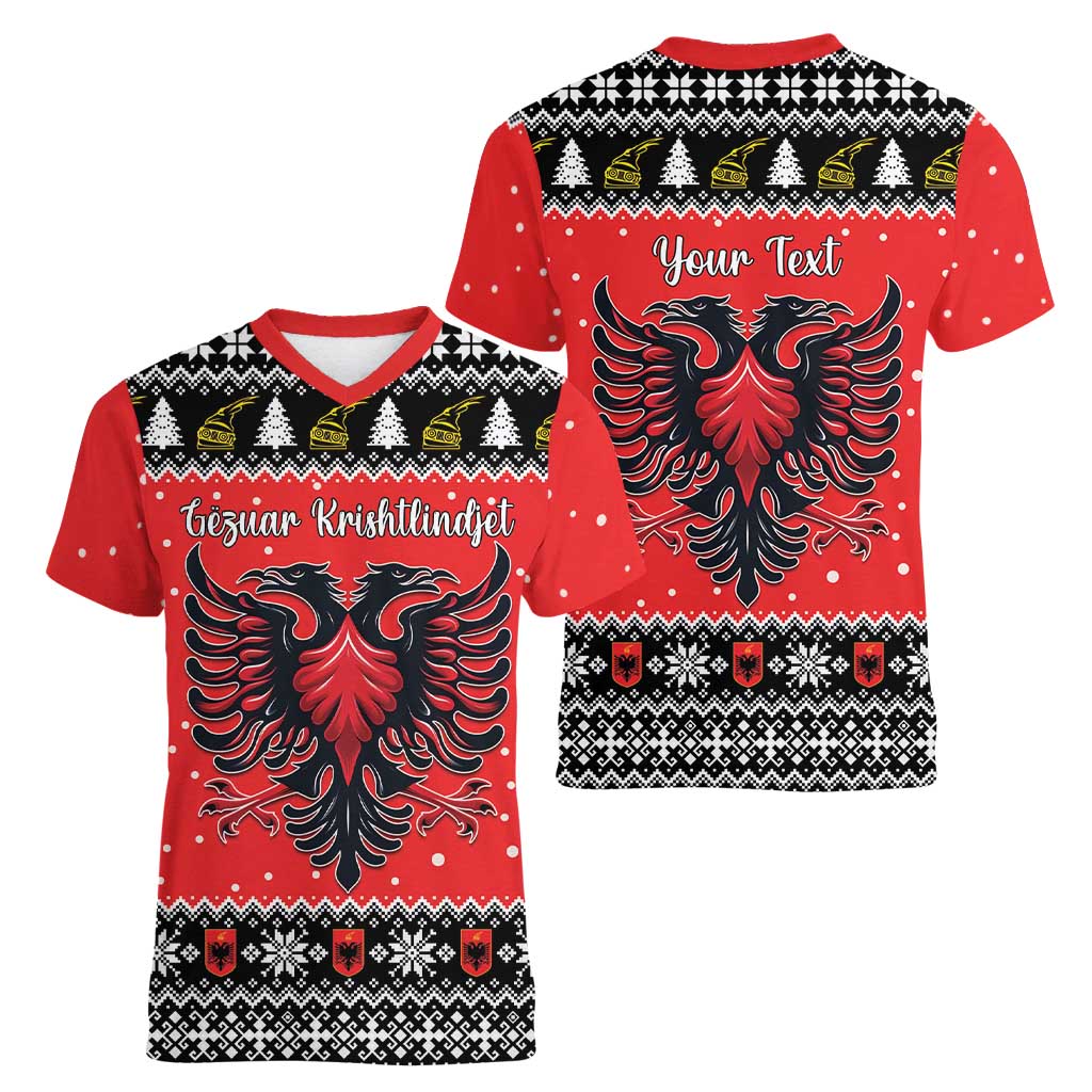 Personalized Albania Christmas Eagle Women V-Neck T-Shirt The Double-headed Eagle - Wonder Print Shop