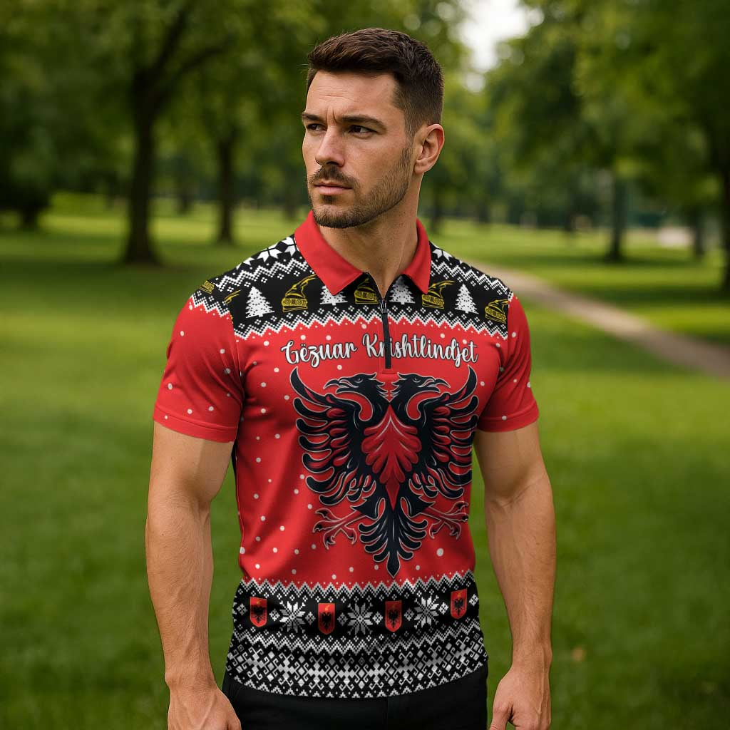 Personalized Albania Christmas Eagle Zipper Polo Shirt The Double-headed Eagle - Wonder Print Shop