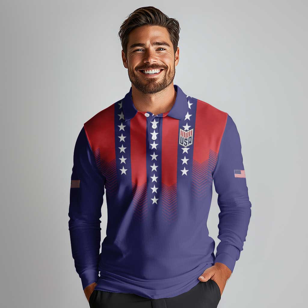 Custom World Soccer 2026 USA Long Sleeve Polo Shirt Stars, Stripes and Glory - Wonder Print Shop