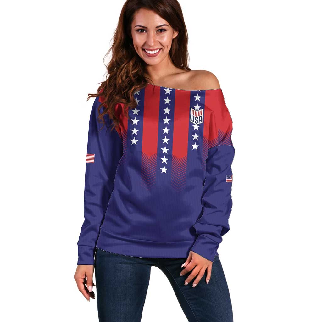 Custom World Soccer 2026 USA Off Shoulder Sweater Stars, Stripes and Glory - Wonder Print Shop