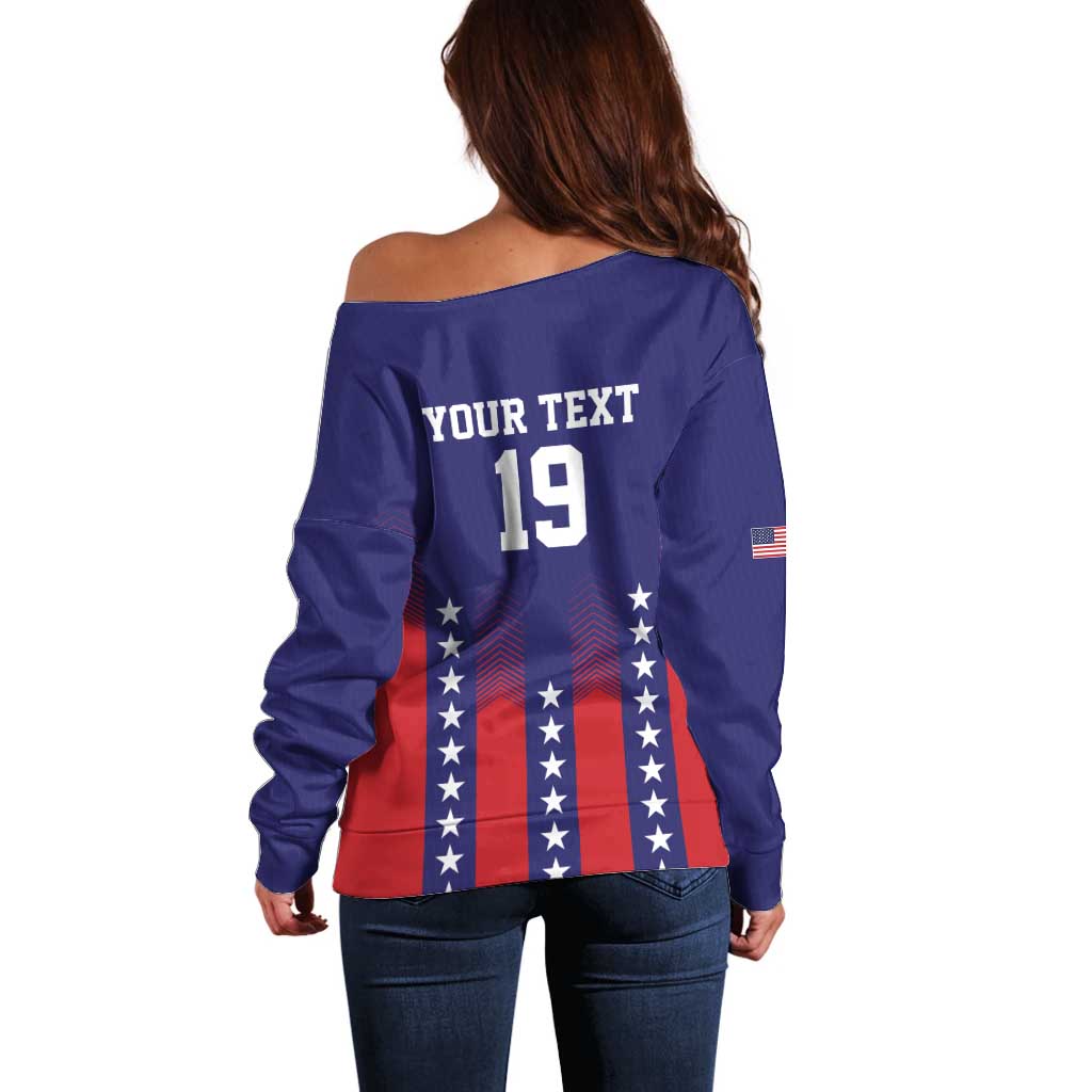 Custom World Soccer 2026 USA Off Shoulder Sweater Stars, Stripes and Glory - Wonder Print Shop