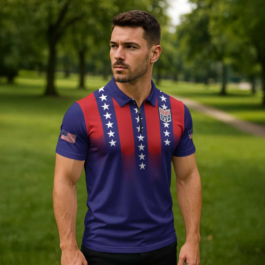 Custom World Soccer 2026 USA Zipper Polo Shirt Stars, Stripes and Glory - Wonder Print Shop