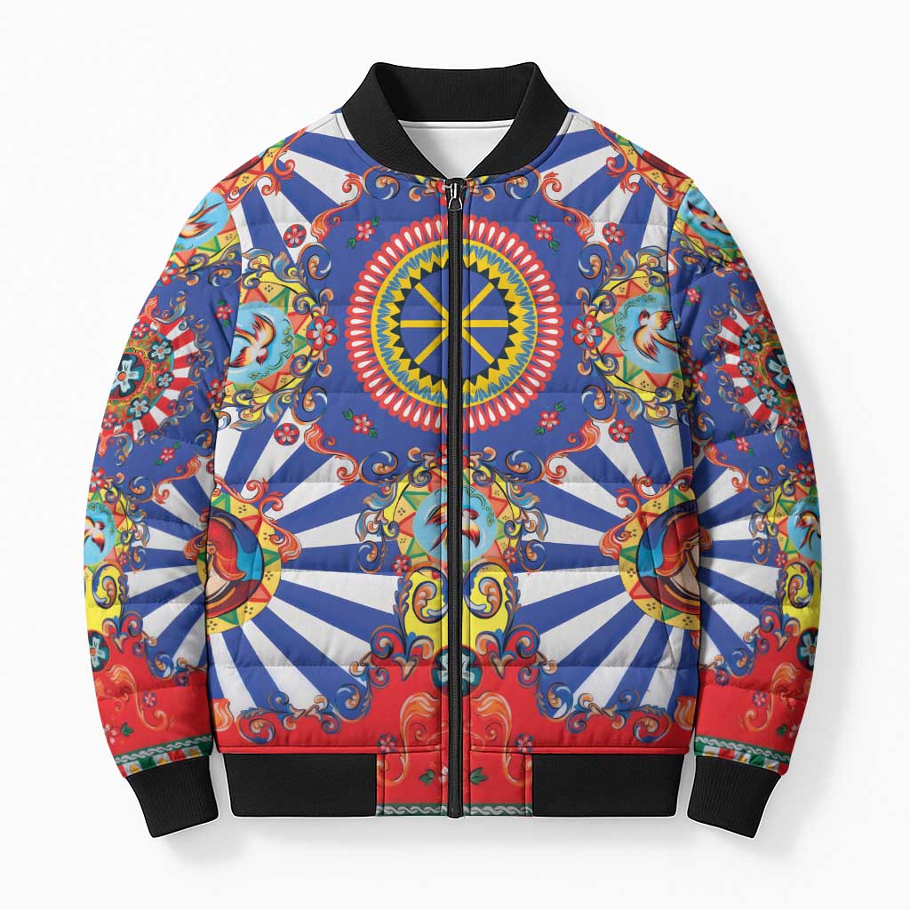 Sicily Italy Carretto Siciliano Bomber Puffer Jacket Sicilian Cart Floral Patterns