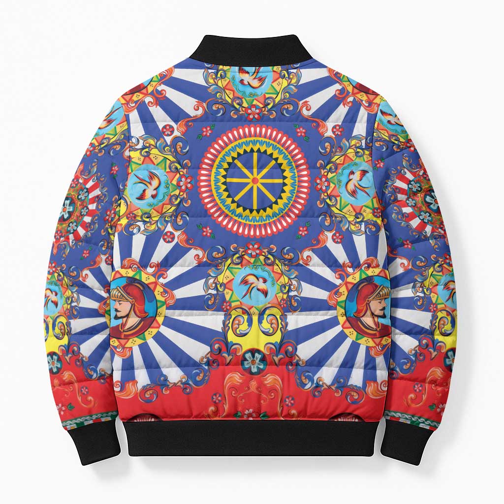 Sicily Italy Carretto Siciliano Bomber Puffer Jacket Sicilian Cart Floral Patterns