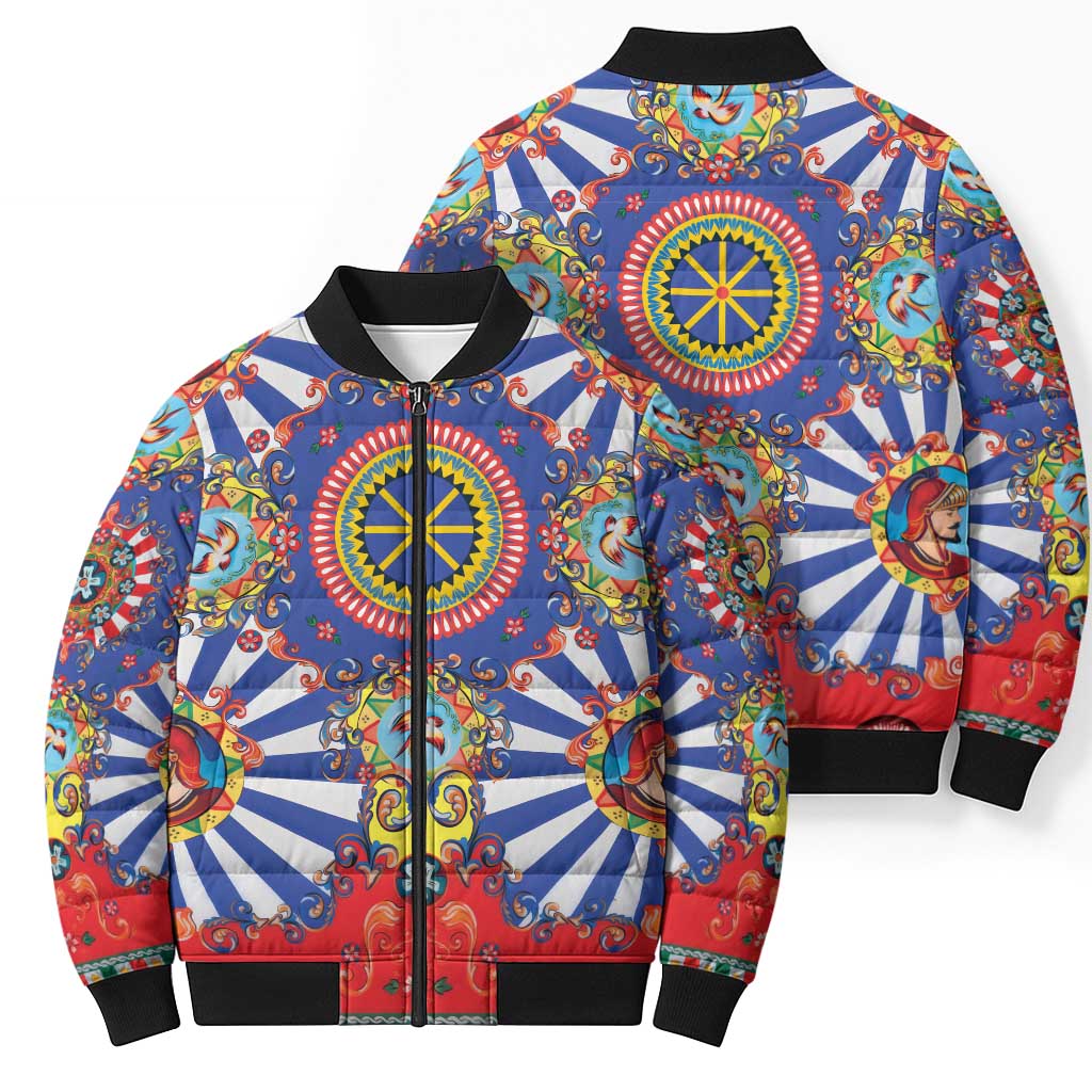 Sicily Italy Carretto Siciliano Bomber Puffer Jacket Sicilian Cart Floral Patterns