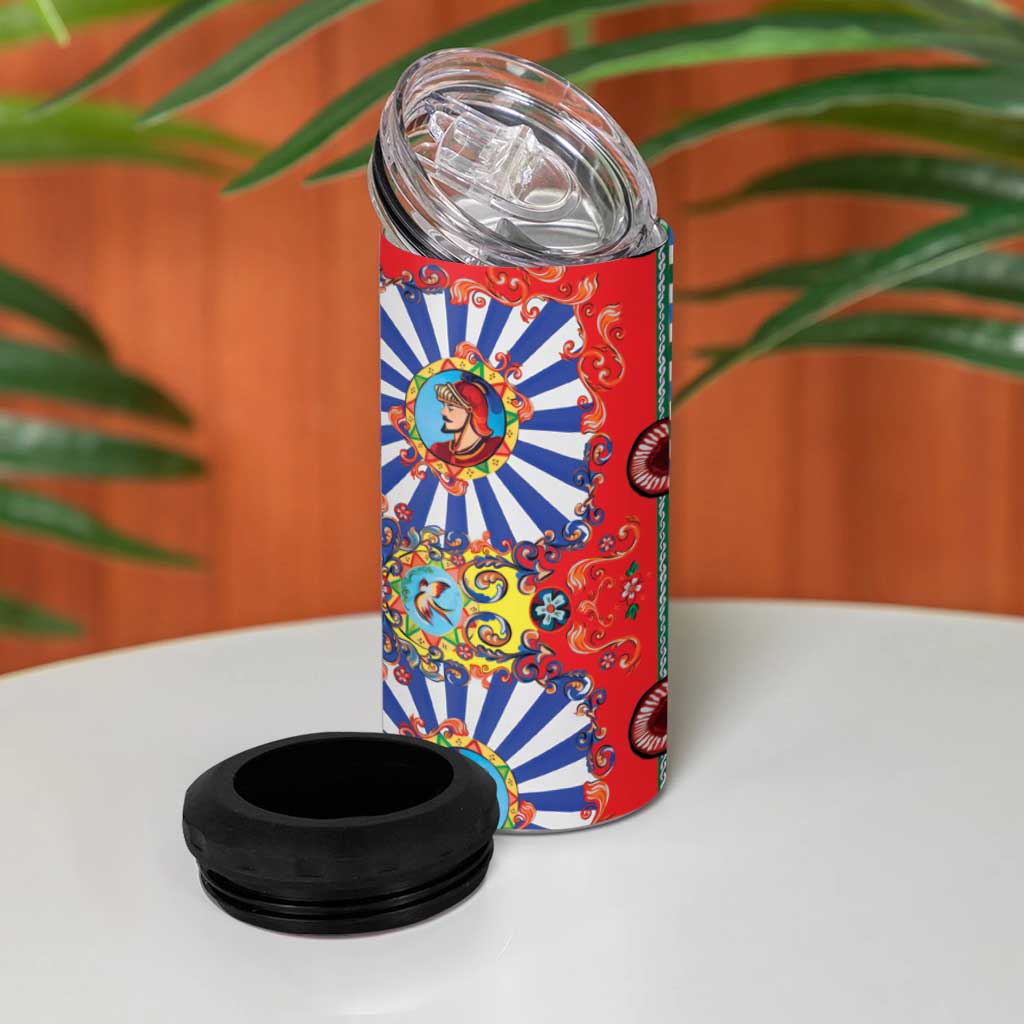 Sicily Italy Carretto Siciliano 4 in 1 Can Cooler Tumbler Sicilian Cart Floral Patterns