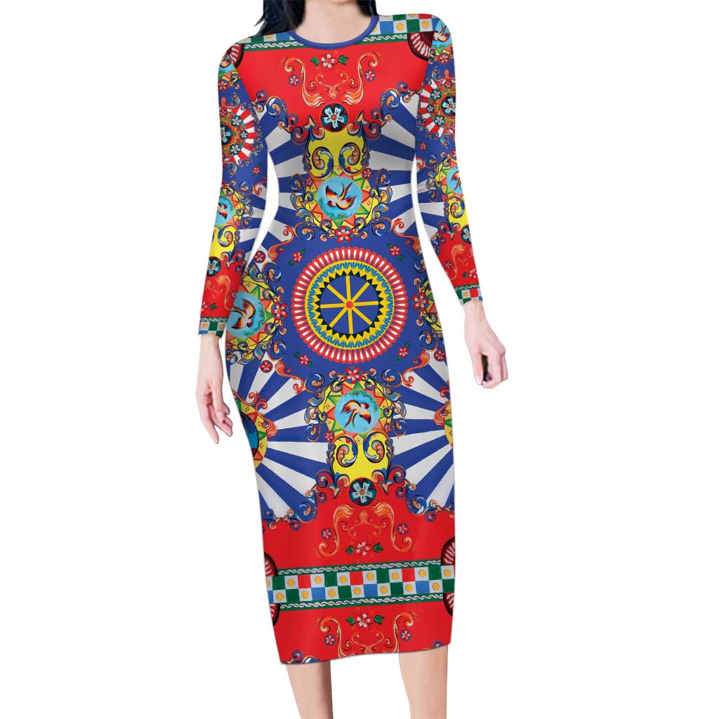 Sicily Italy Carretto Siciliano Long Sleeve Bodycon Dress Sicilian Cart Floral Patterns